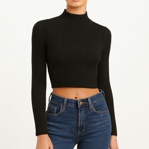 Kendall & Kylie Ribbed Knit Long Sleeve Mock Neck Black Crop Top Sweater M